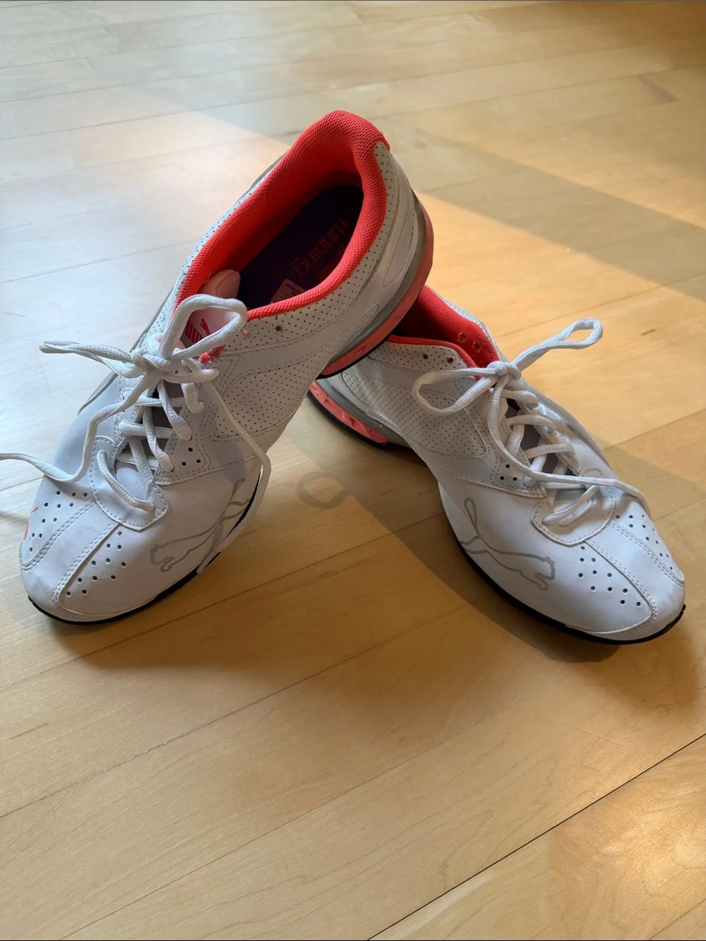 Women's Puma White Athletic Sneakers with Coral Lining, Worn Once